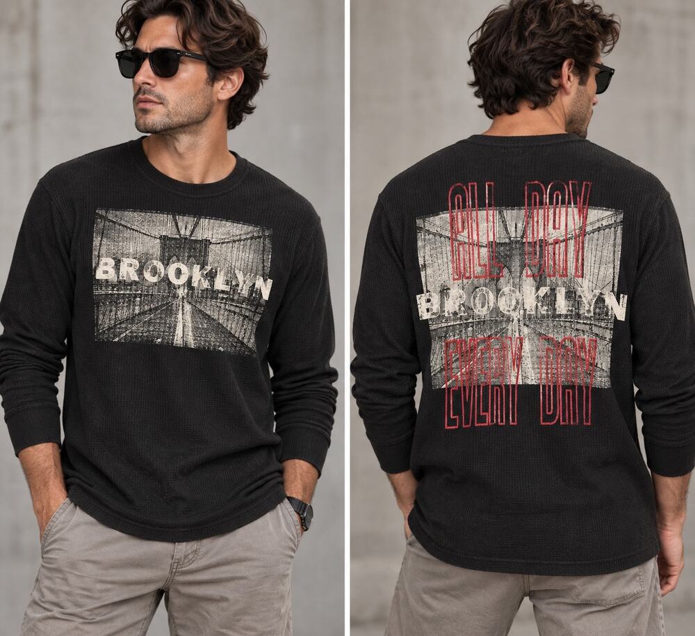 Fresh Laundry Brooklyn Black Thermal Waffle Knit Graphic Long Sleeve Shirt Men L